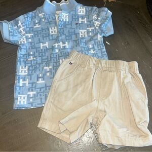 Tommy Hilfiger Light Blue Polo and Khaki Shorts Set 18 months